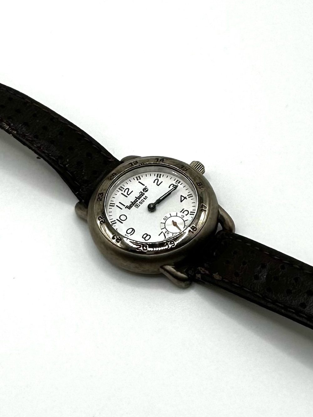 Vintage Timberland Silver Case White Dial Brown Leather Strap Watch